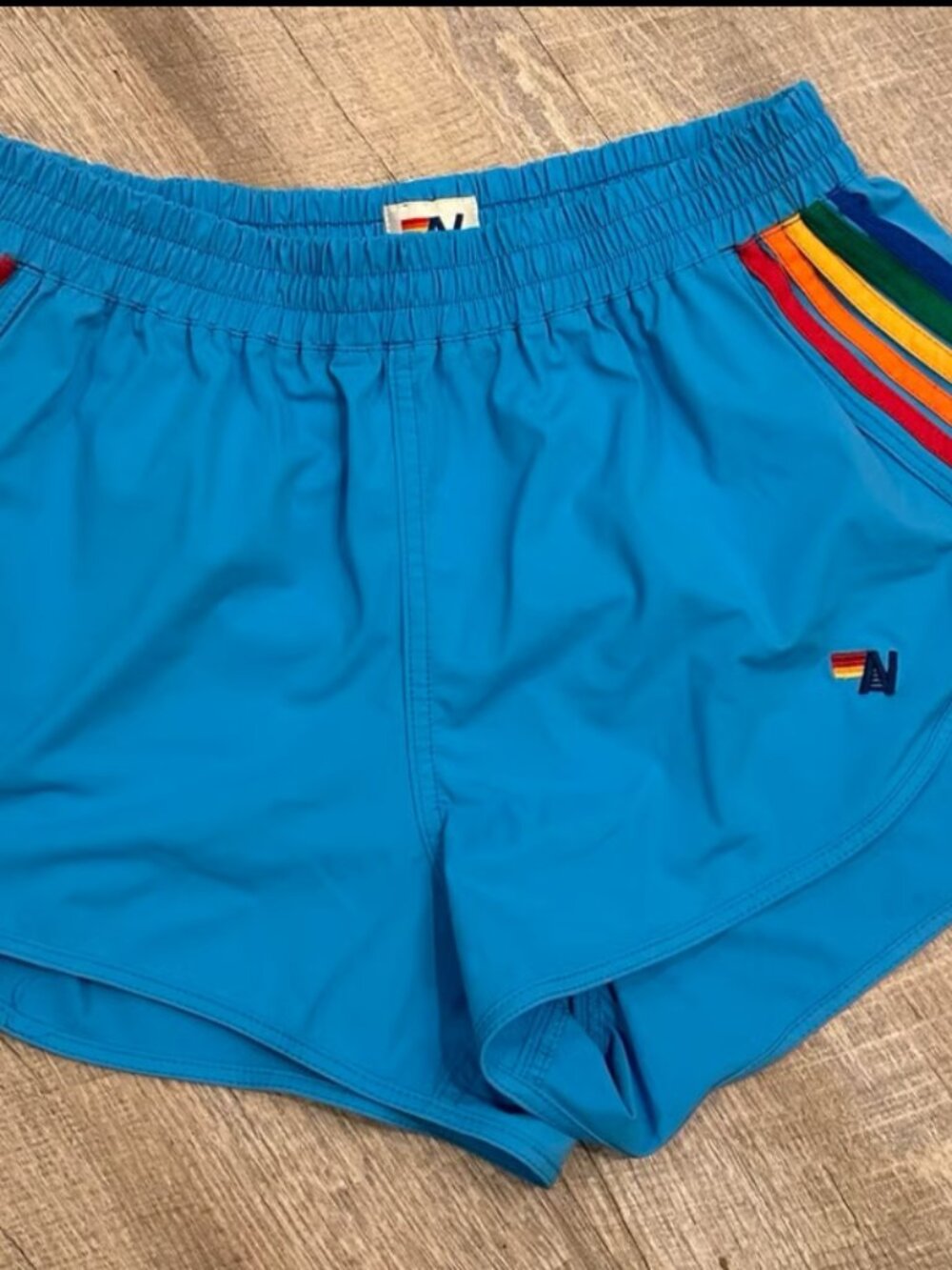 Aviator Nation 5 Stripe Flex Board Shorts Blue Sea Rainbow Size Large